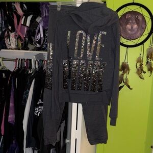 PINK Victoria's Secret Bling Kit Gray Hoodie Pants Iridescent Sequin Ombre M